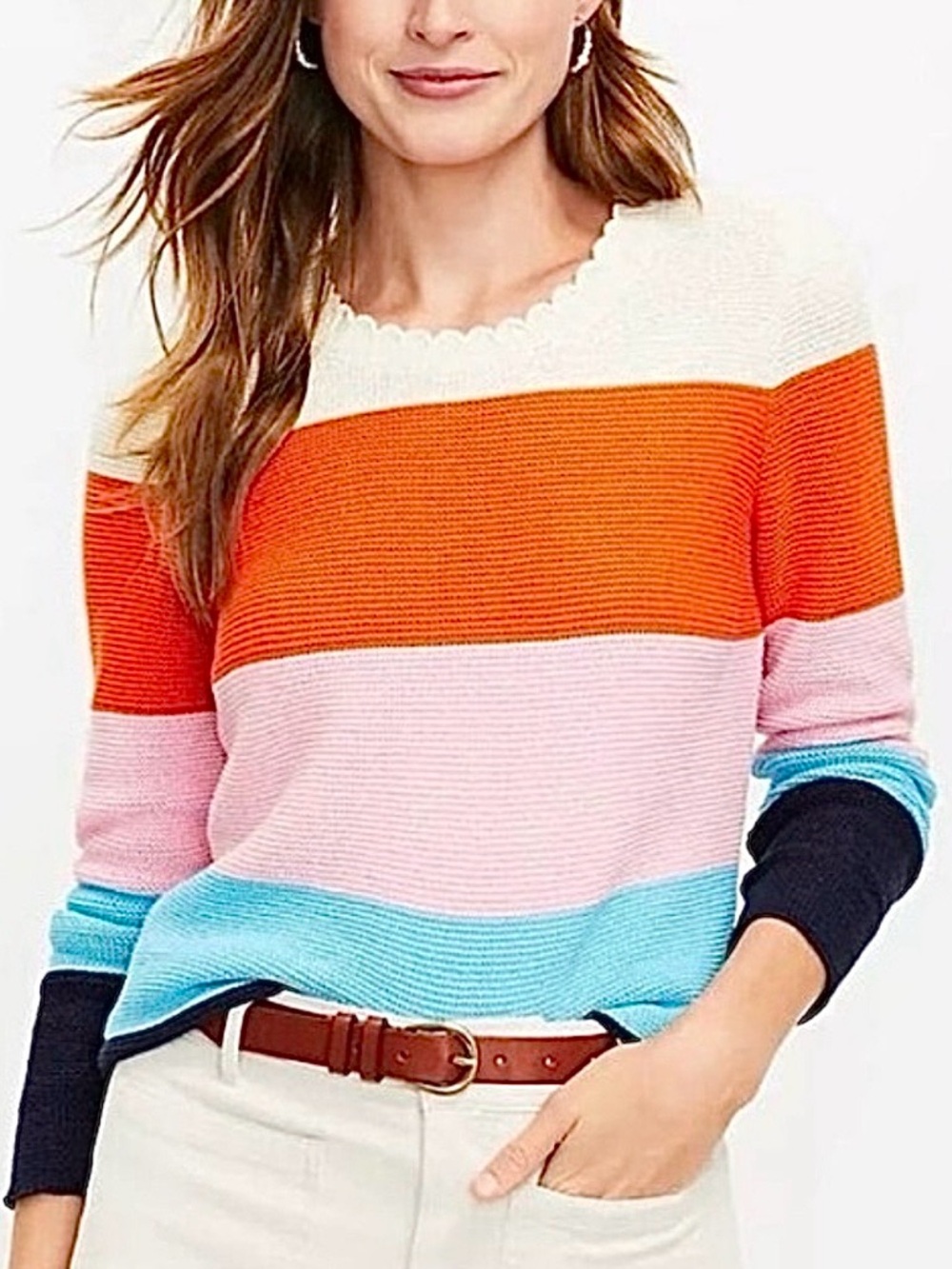 NWOT LOFT Multicolor Striped Knit  Scalloped Crewneck Sweater Size XL